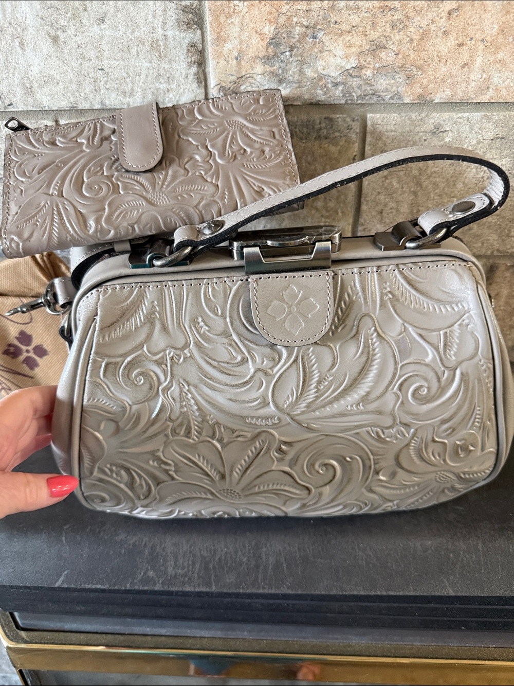 Patricia Nash Embossed Floral Frame Wristlet Bag in Taupe
